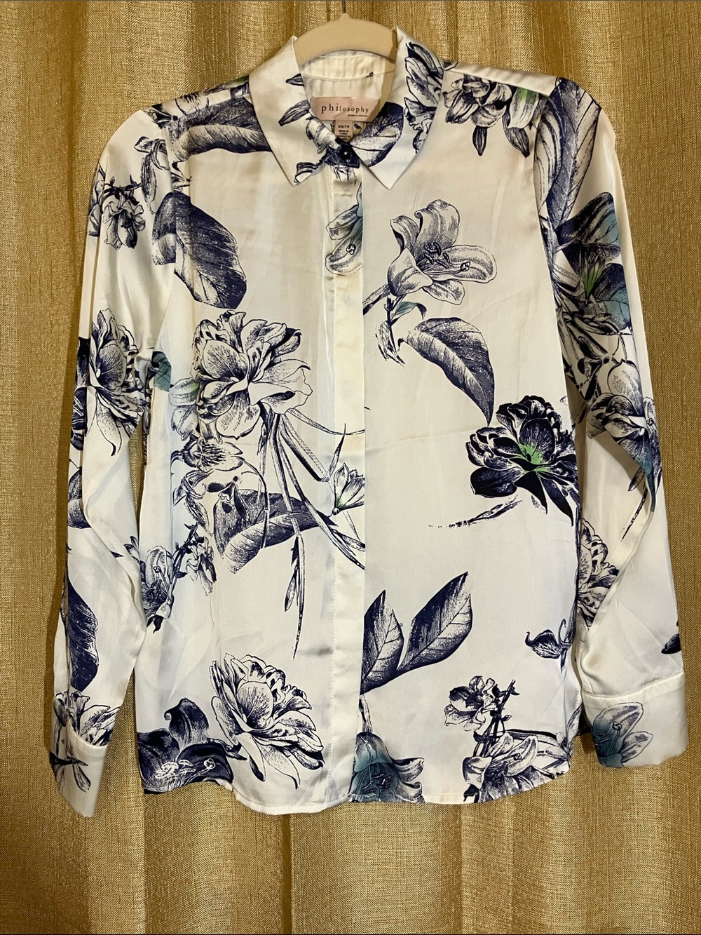 Philosophy Floral Button-Down Shirt - White with Navy and Green Accents